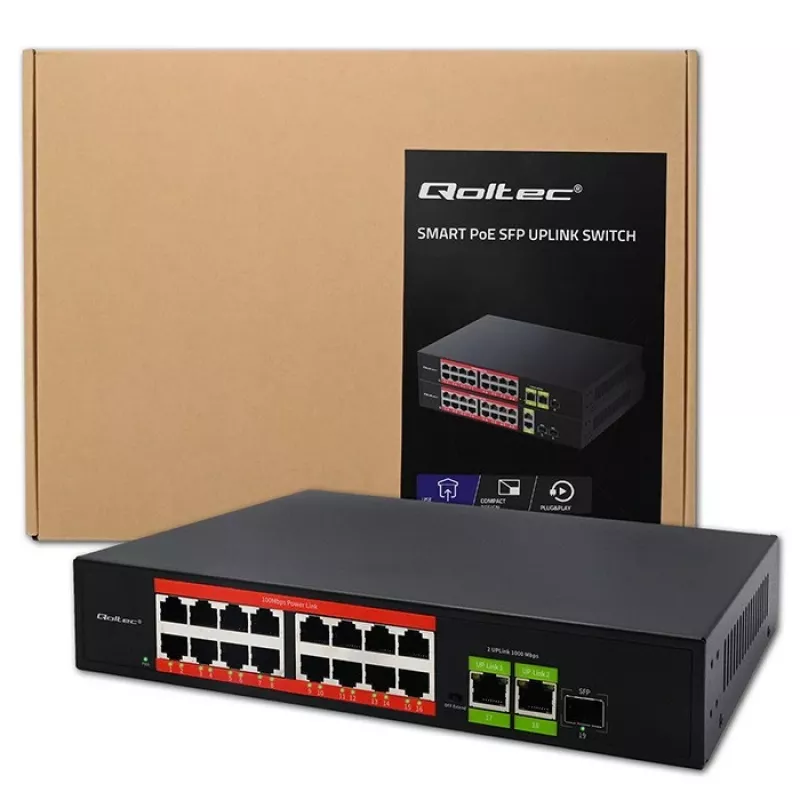 Ethernet PoE Switch QOLTEC 16x RJ45, 2x RJ45 uplink, 1x SFP (MPN 52291)