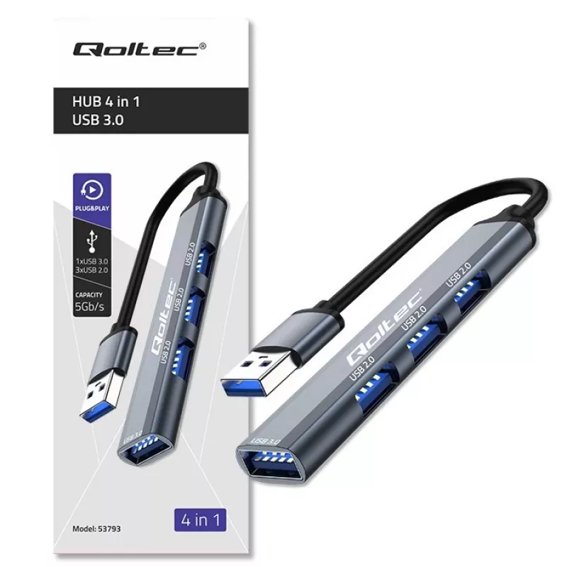 USB hub QOLTEC 53793 — USB 3.0 input, 3× USB 2.0 ports