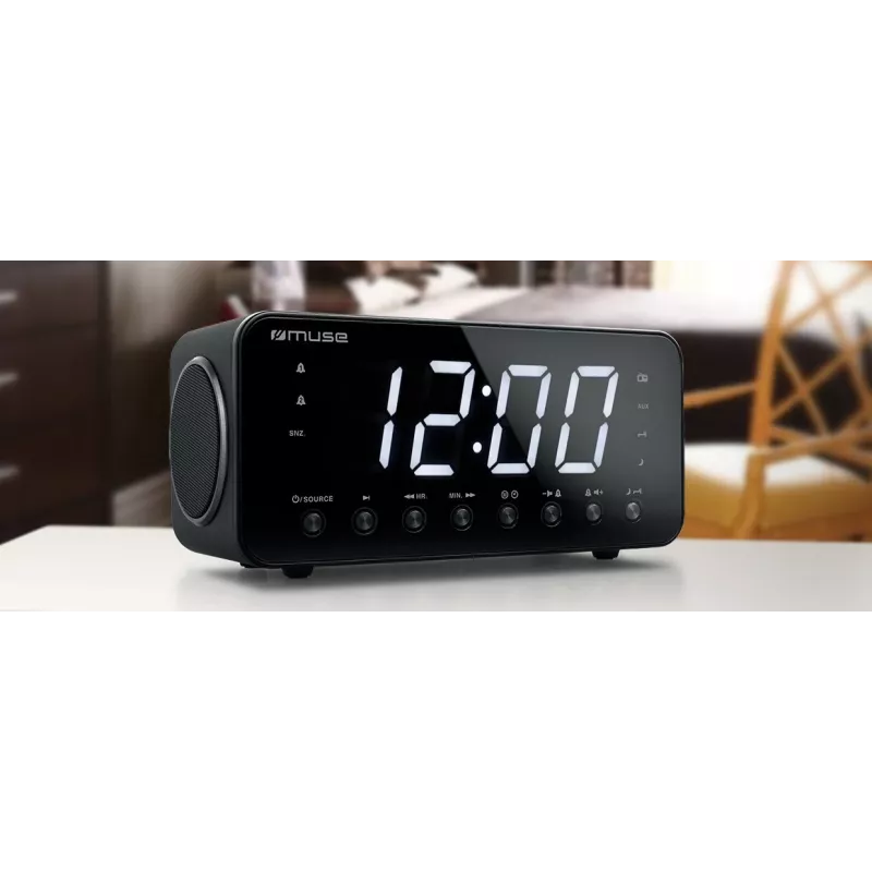 Clock radio Muse M-192 CR — digital clock, FM tuner, 1.8 inch LED display, black wood, AC 100–240V, AAA backup