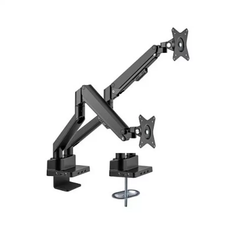Manhattan Dual Desk Mount for TV & Monitors (Full Motion Gas Spring) with built-in Dock, For screens to 27 inch, Ports (x7): Ethernet,HDMI (x2),USB-A (x3) and USB-C,Power Delivery (100W) to USB-C Port (Separate USB-C wall charger/cable needed),VESA: 75x75 and 100x100mm