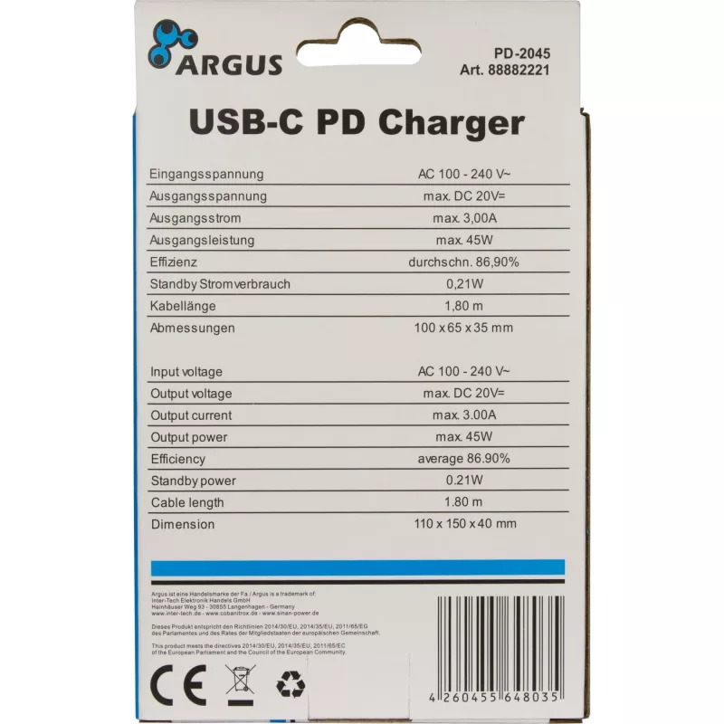 Charger Inter-Tech PD-2045 Universal Black AC Indoor 20V USB-C