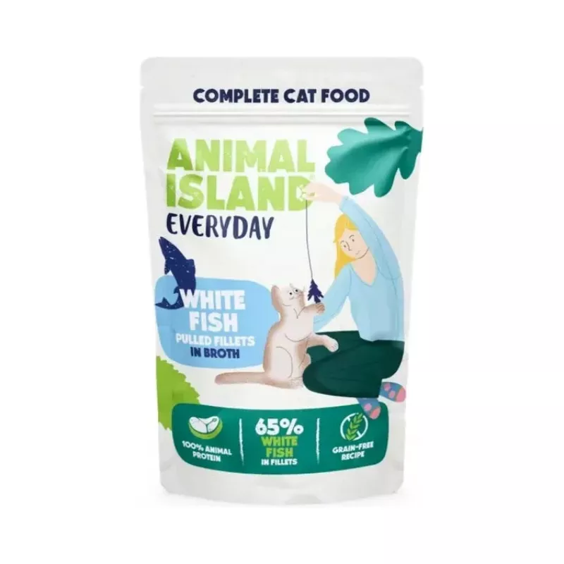 Wet cat food animal island Everyday — Beef, Chicken, Turkey & White Fish fillets in broth, 40 x 85 g sachets