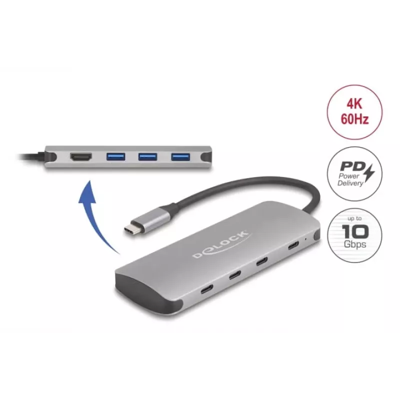 USB-C hub DELOCK 64323 — USB 3.2 Gen 2 Type-C host, HDMI + 2× USB-A + 2× USB-C, 10 Gbit/s, grey