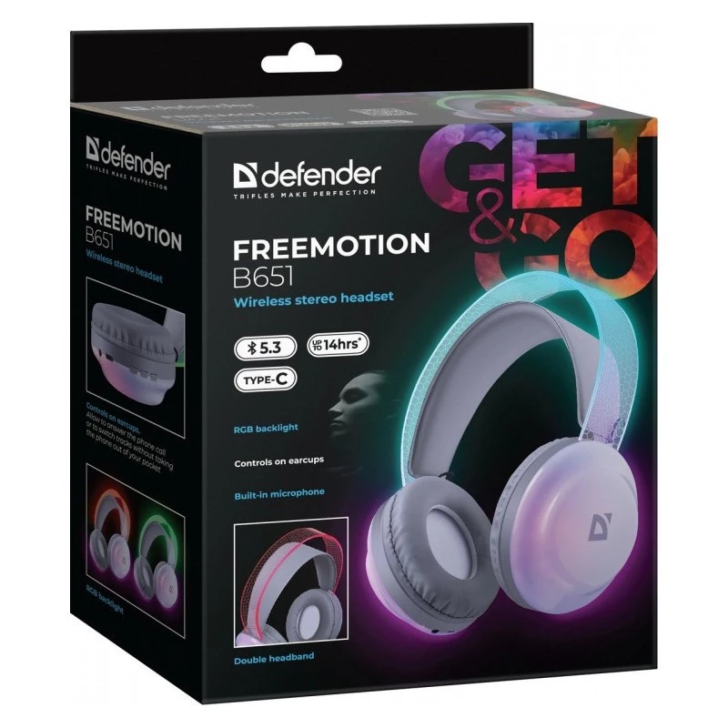 Wireless head-band headphones DEFENDER Freemotion B651 — binaural, closed acoustic, 20–20000 Hz, 105 dB, USB-C, AUX