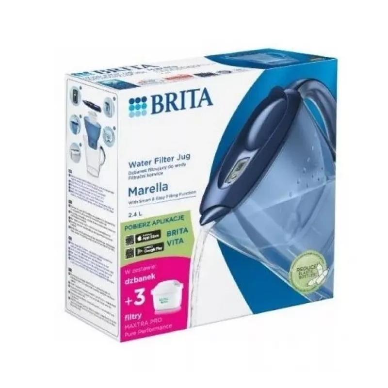 Water filter jug BRITA Marella 2.4 L with 3 Pure Performance cartridges, Maxtra Pro, blue