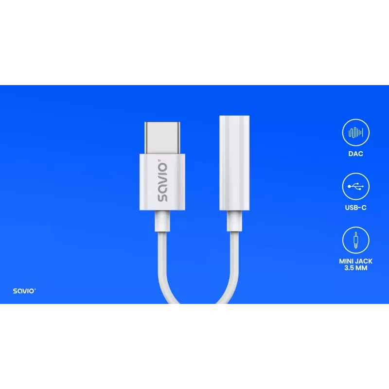 USB Type 3.1 C (M) – Jack 3.5mm (F) Audio adapter White SAVIO AK-51
