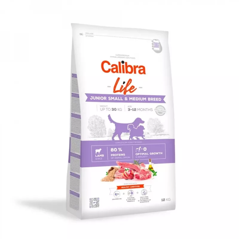Dry dog food Calibra Life Junior Small & Medium breed Lamb 12 kg — complete dry feed for growing dogs, 28% protein, 18% fat, for 10–15.9 kg pups