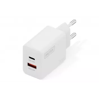 AC Indoor USB GaN Charger DIGITUS DA-10301 — 30W, 1× USB-C, 1× USB-A, 100–240V, white