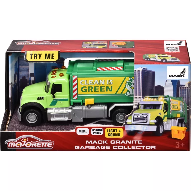 Toy vehicle Majorette Mack Granite garbage truck model 213743007, die-cast scale toy