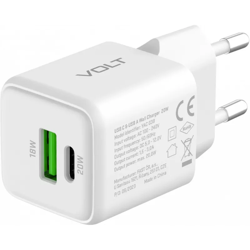 USB C/A mains charger YENKEE YAC G38 20W 3A Power Delivery (USB‑C and USB‑A)