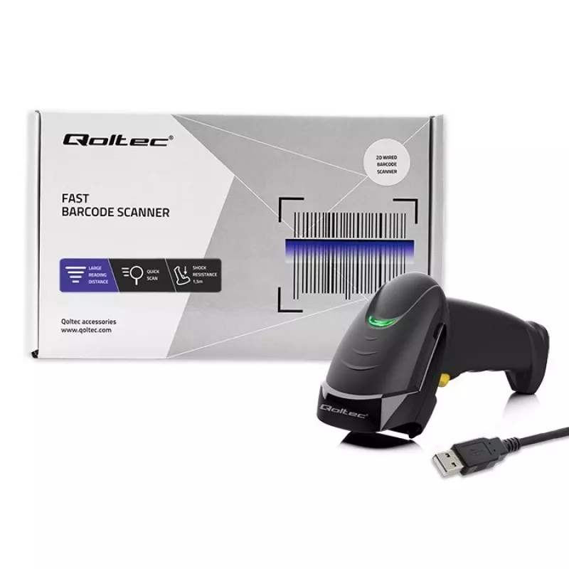 Handheld 1D/2D wired barcode scanner QOLTEC 50853 — USB, ABS housing, 1.65 m cable, 97×65×167 mm, 105 g