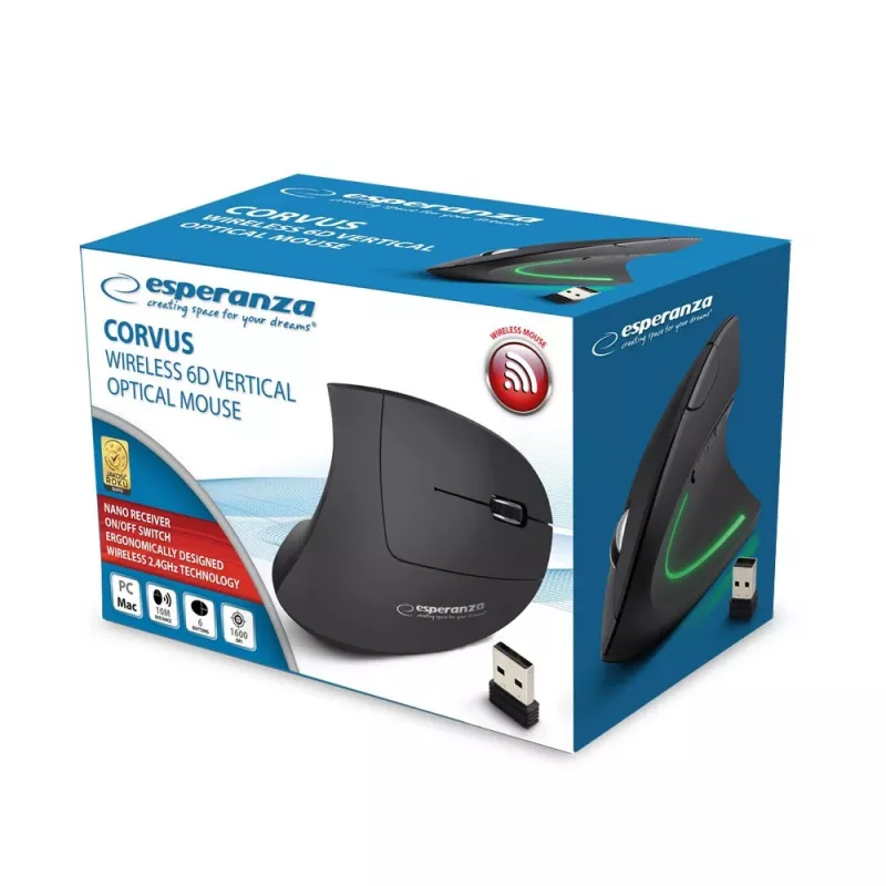 Wireless mouse ESPERANZA EM133 — ergonomic right-hand, 1600 DPI, 6 buttons, 2.4 GHz USB nano receiver, 10 m range, black