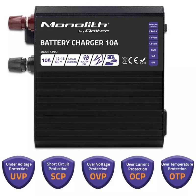 Qoltec Smart Monolith Battery Charger for LiFePO4 AGM GEL SLA batteries | 10A | 12V