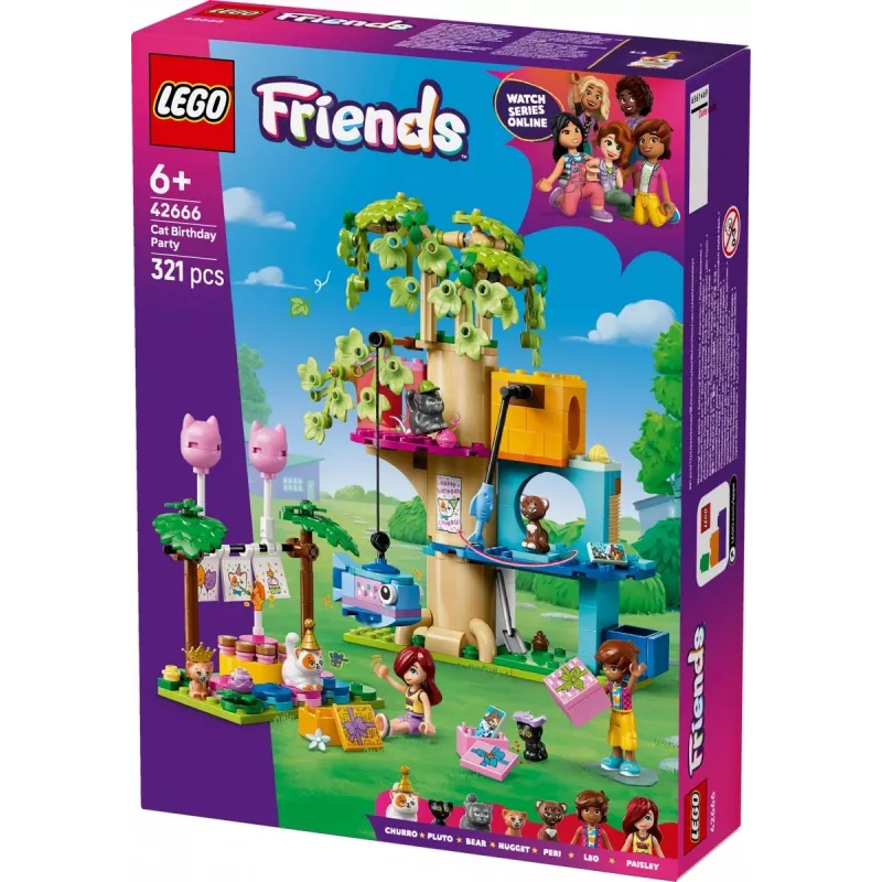 Construction toy LEGO Friends 42666 Cat Birthday Party Tree House playset, 321 pcs, 6+ yrs, 180×160×100 mm