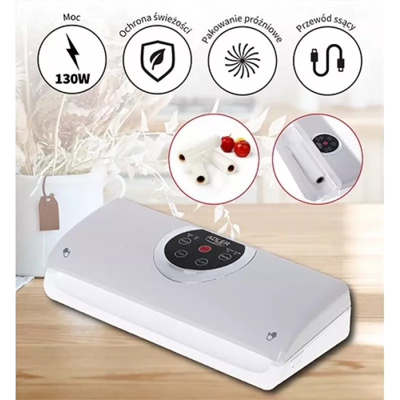 Vacuum sealer Adler AD 4503, 130 W, vacuum -750 to -800 mbar, Type C plug, grey/white