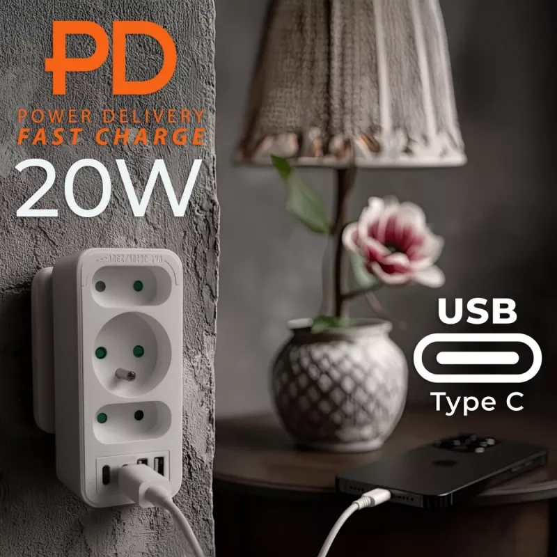 Power splitter MACLEAN MCE248 F/W — 3 AC sockets (1×16A, 2×6A) + 4×USB (2×A, 2×C PD 20W), EU plug, white