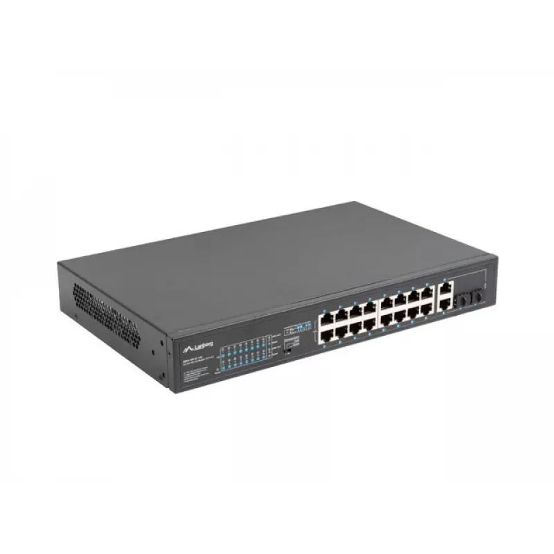 Unmanaged switch LANBERG RSFE-16P-2C-150 — 18-port Gigabit, 16 PoE+/2 SFP, 150 W total, 1U rack, metal, black