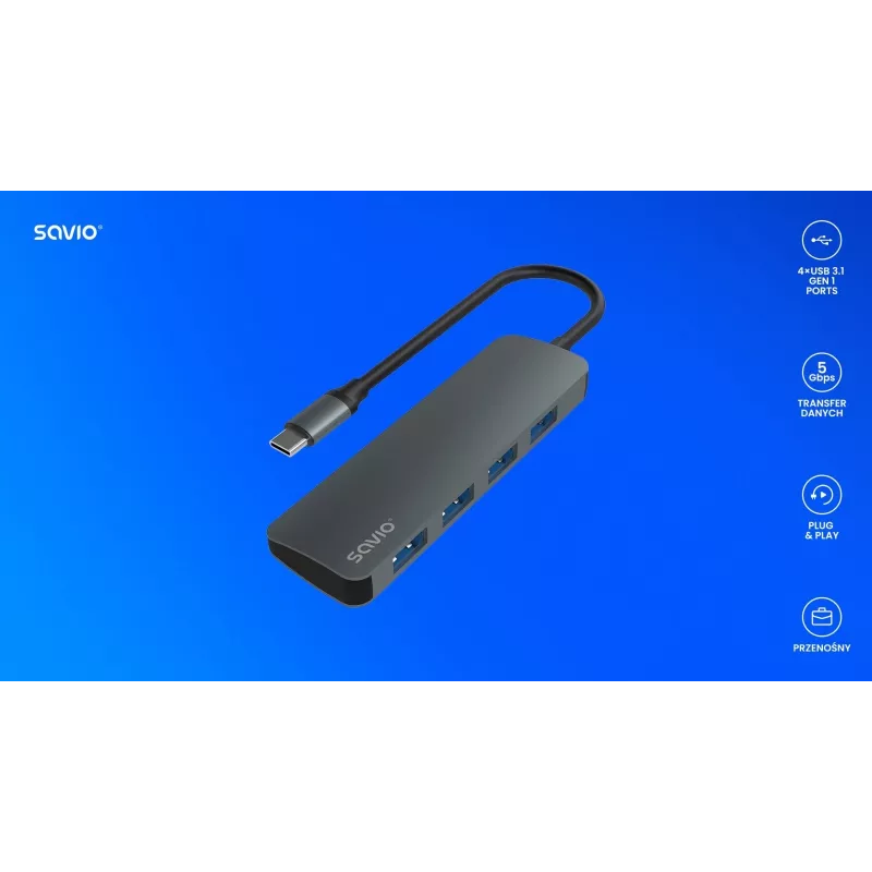USB hub SAVIO AK-54 — 4 x USB-A (USB 3.2 Gen 1), USB-C host, black