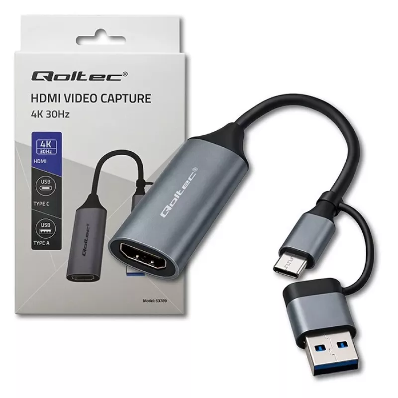 USB-C to USB-A and HDMI 4K 30Hz adapter QOLTEC in aluminium