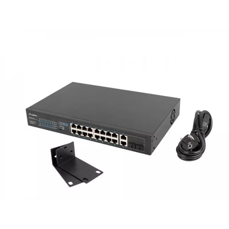Unmanaged switch LANBERG RSFE-16P-2C-250 — 18-port Gigabit, 16x PoE+ (30W), 2x SFP, 250W, 1U, metal, rack-mount