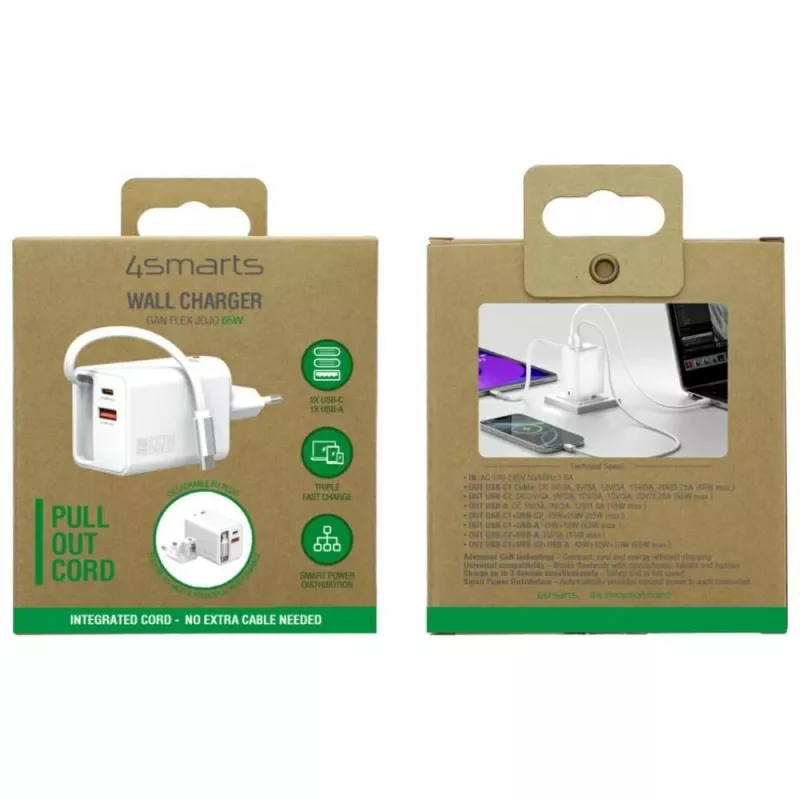 Indoor USB-C/USB-A Fast Charger 4smarts 541065 — Universal AC 100–240V, Max 20V, 0.7 m cable, White