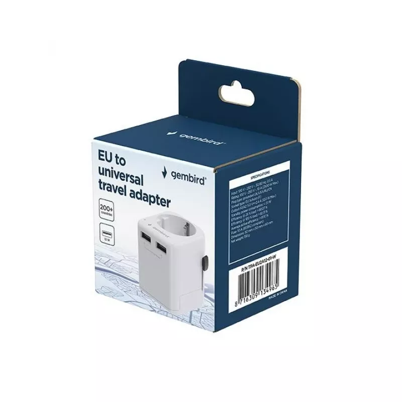 Universal travel adapter GEMBIRD TPA-EU2A12-01-W 12W USB power adapter for international outlets