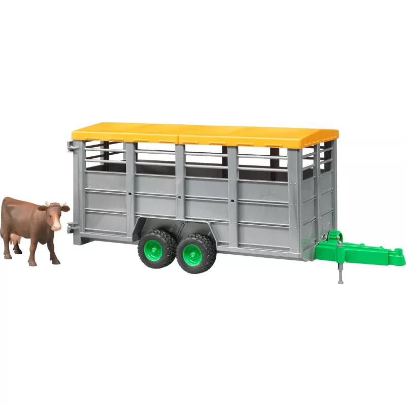 Livestock trailer with 1 cow model accessory, BRUDER, scale 1:16, plastic, green/grey