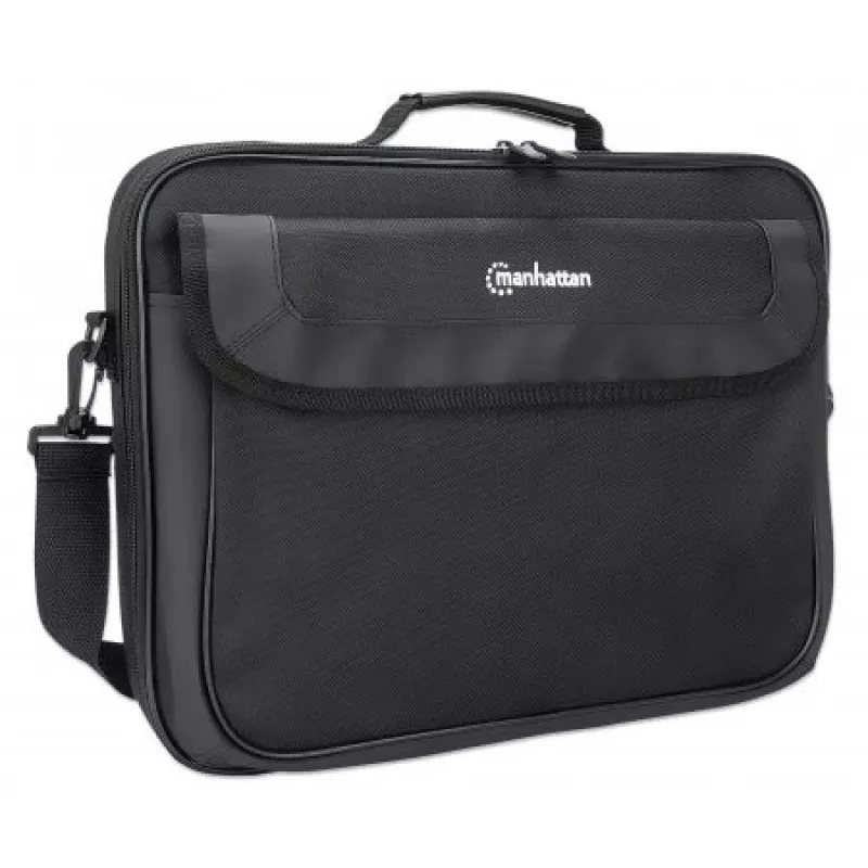 Manhattan Cambridge Laptop Bag 15.6 inch, Clamshell Design, Black, LOW COST, Accessories Pocket, Document Compartment on Back, Shoulder Strap (removable), Equivalent to Targus TAR300, Notebook Case, Three Year Warranty
