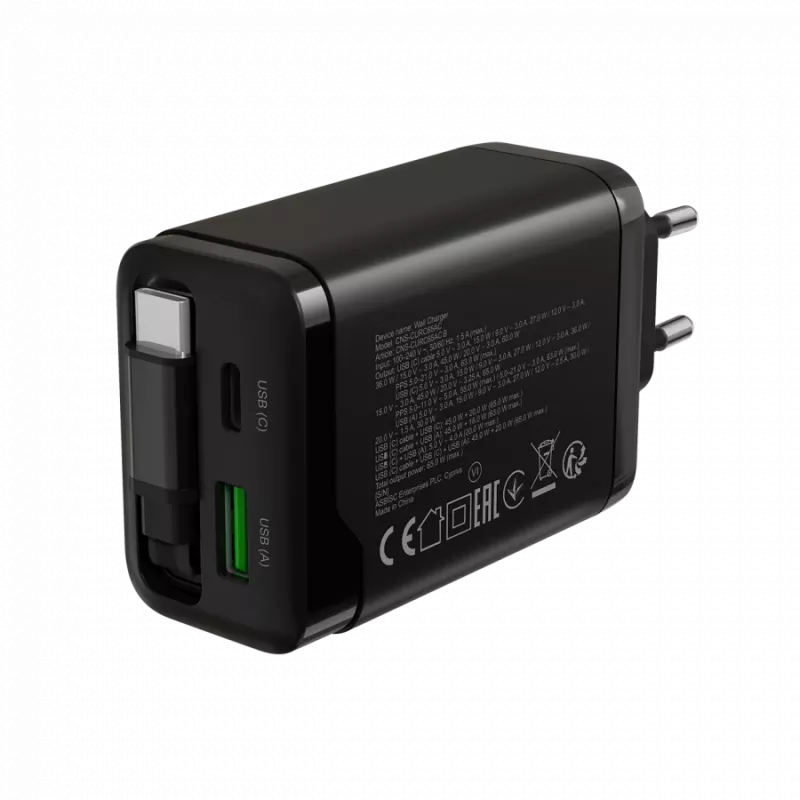 Charger CANYON OnCharge 65RC with built-in USB-C cable, 65W, 1x PD, 1x QC, EU plug, Black