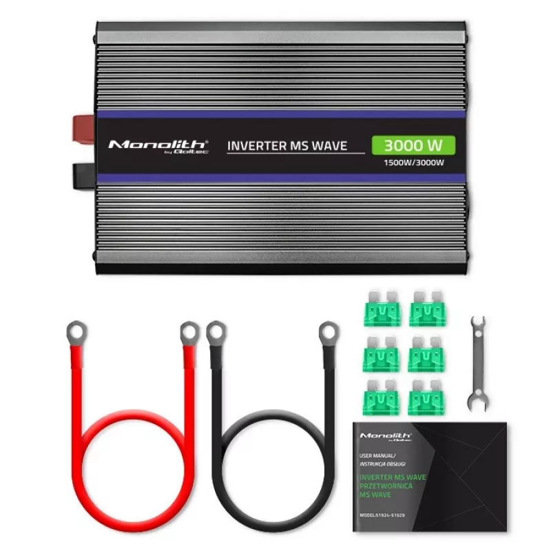 Power inverter QOLTEC Monolith 3000 MS Wave, 12V→230V, 1500/3000W, with USB