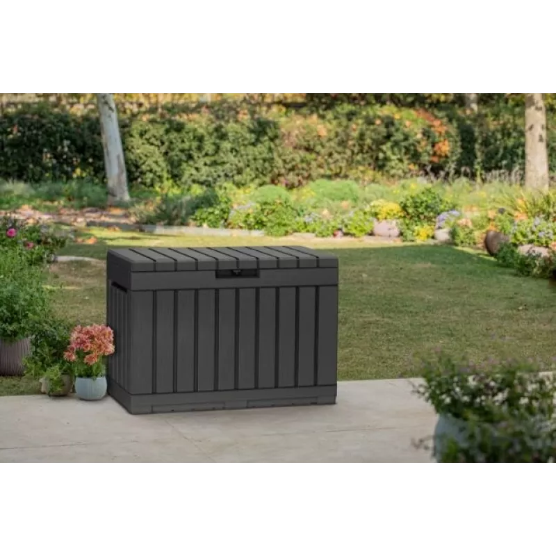 Outdoor storage box Keter Kentwood 190L — 190 litres, graphite, flap door, 823×457×577 mm