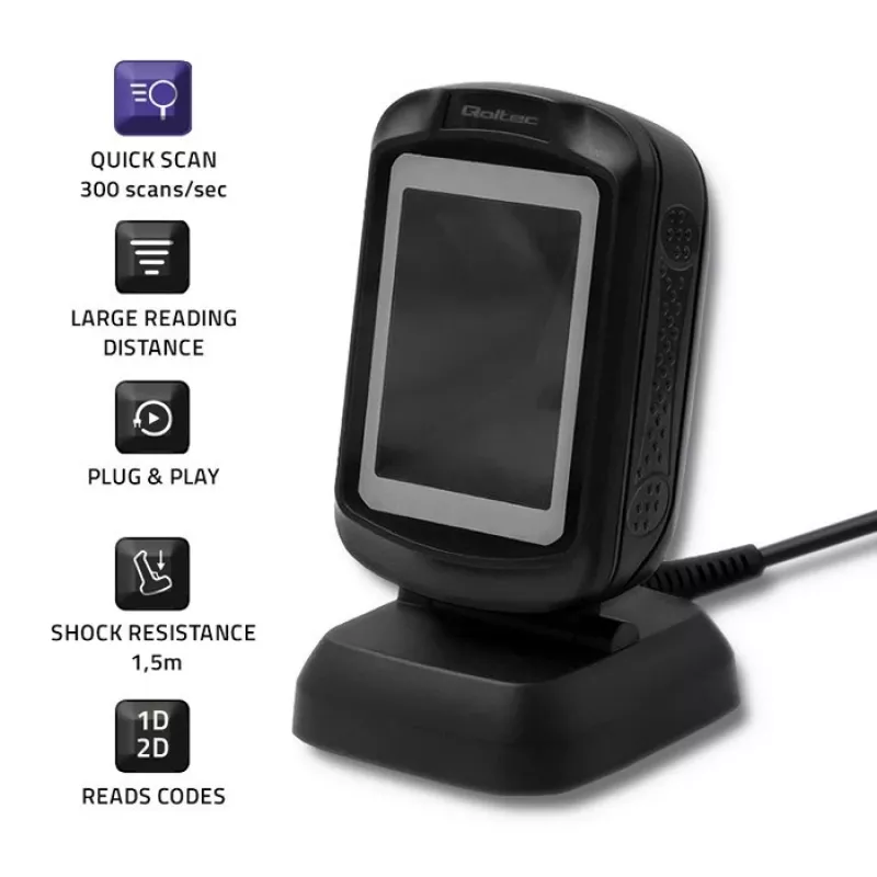 Fixed 1D/2D barcode reader QOLTEC 50864, LED sensor, USB wired, black, 145×85×80 mm