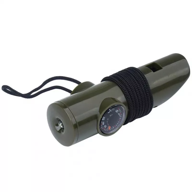 Multifunctional survival whistle Mil-Tec SP.22073 — 6-in-1 olive, compass, thermometer, mirror, magnifier, light, 100×35×30 mm