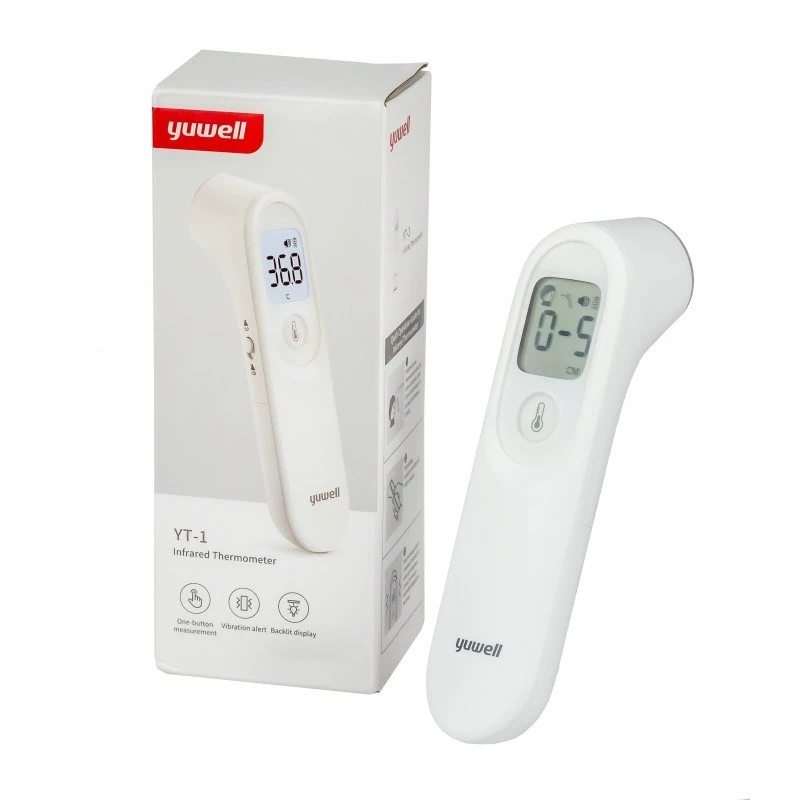 Non-contact infrared thermometer Yuwell YT-1 — forehead, 32–43°C range, ±0.3°C accuracy, button control, alarm, AAA batteries