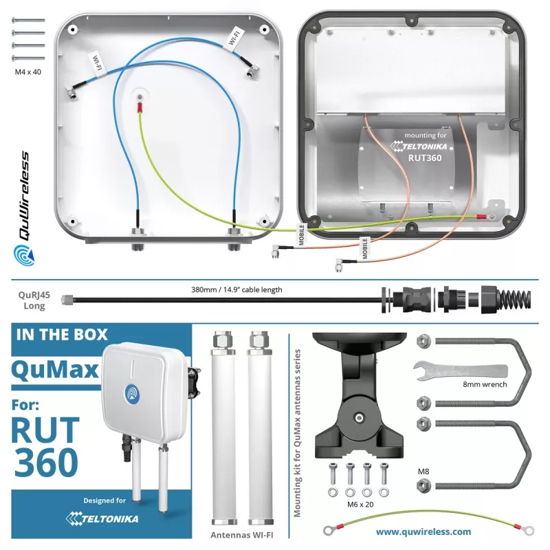 Directional network antenna QuWireless QuMax A360M — directional PoE/LAN antenna, 0.694–2.7 GHz bands, 4–6 dBi gain, vertical polarization