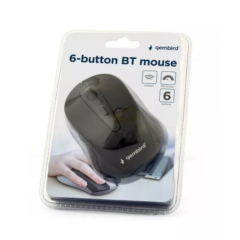 Wireless Bluetooth optical mouse GEMBIRD MUSWB2 — right-hand, 1600 DPI, 6-button, black/grey, AAA battery