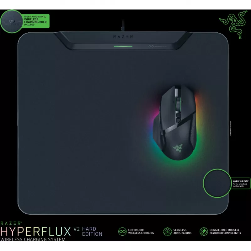 Razer | Wireless Charging Gaming Mouse Mat and Puck, Hard Edition | HyperFlux V2 Wireless Charging System | Gaming Mouse Mat | 360 x 311 mm | Black