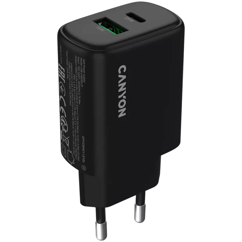 CANYON charger OnCharge 250 25W 1xPD 1xQC EU Black