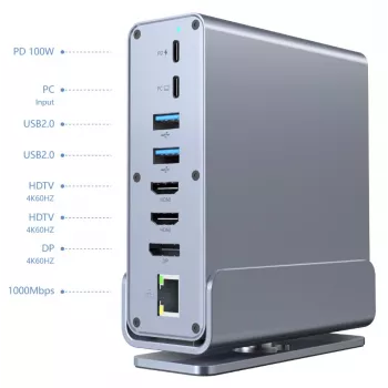 Gembird 15-in-1 USB Type-C multi-port adapter A-CF-COMBO15-01 — USB 3.2 Gen 2, 4× Type-C, 2× HDMI, DisplayPort, PD 3.0, SD card reader, Gigabit LAN, 3.5 mm audio, grey