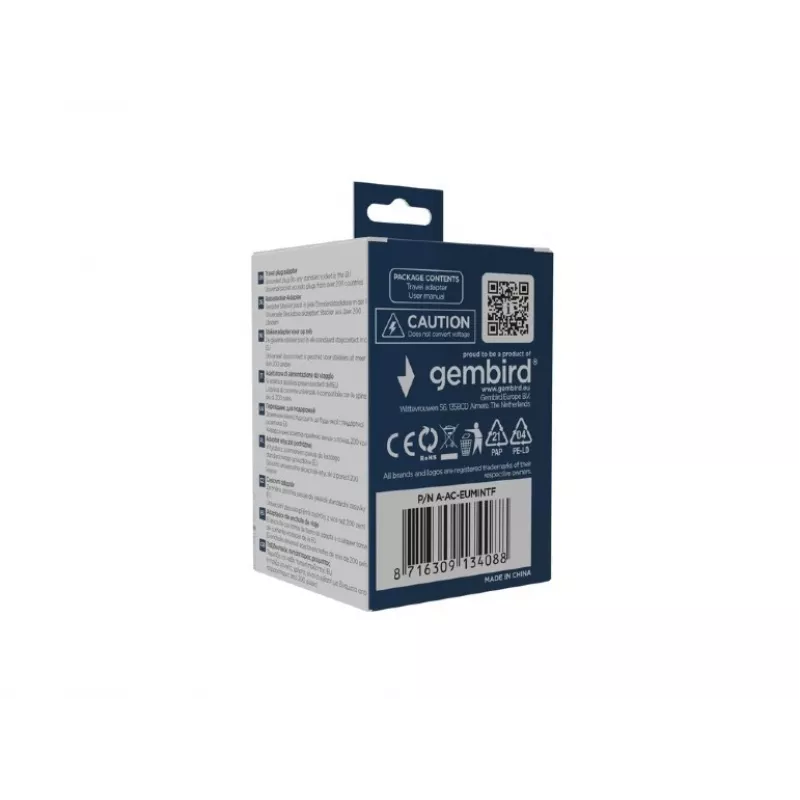 Travel plug adapter GEMBIRD A-AC-EUMINTF — World to EU, 15A