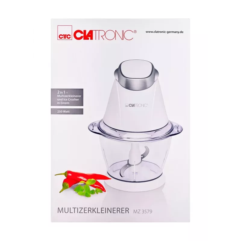 Electric food chopper CLATRONIC MZ 3579 — 250 W, 1 L, stainless steel blades, ice-crushing, white