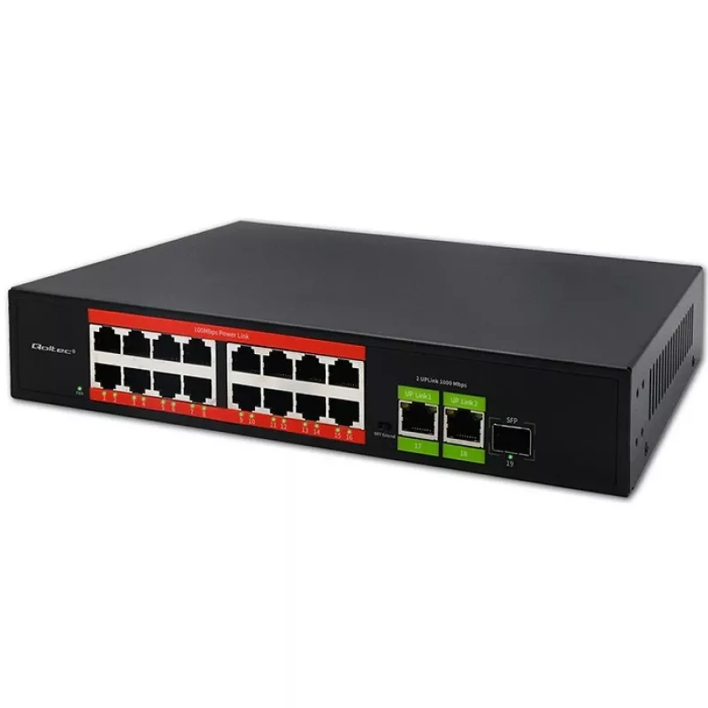 Ethernet PoE Switch QOLTEC 16x RJ45, 2x RJ45 uplink, 1x SFP (MPN 52291)