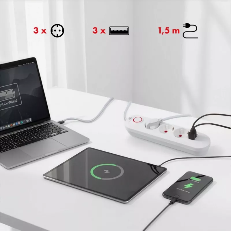 Power strip MACLEAN MCE394W — 3 sockets, 3×USB 2.1A, 110–240V AC, 2500W, 1.5 m cable, white