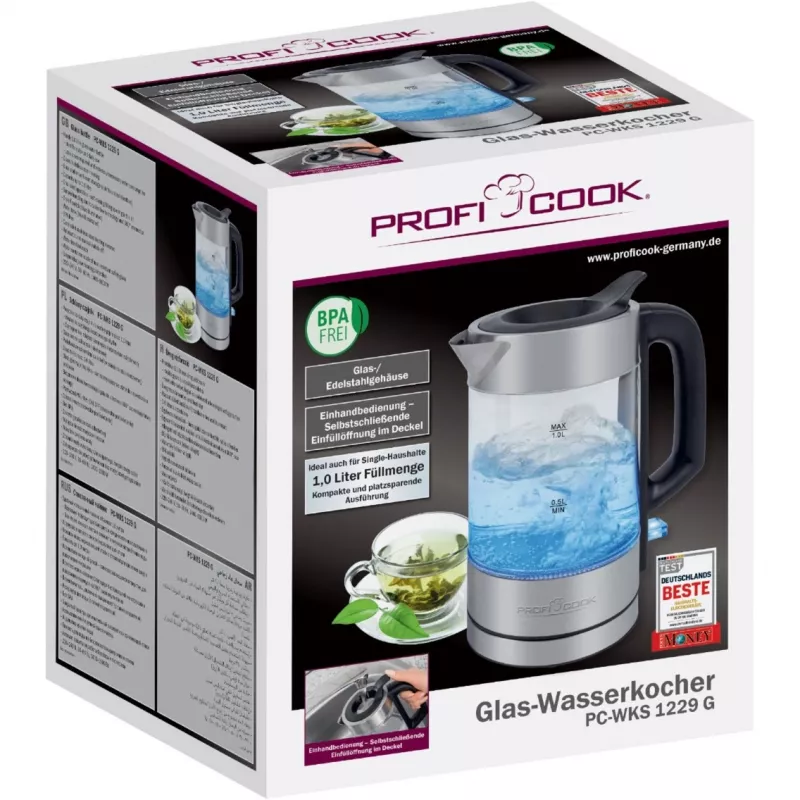 ProfiCook PC-WKS 1229 G electric kettle 1 L 1600 W Stainless steel, Transparent