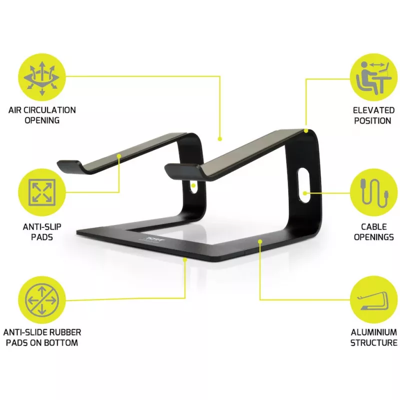 Laptop stand Port Designs 901103 — aluminium and black, supports up to 15.6 inch, width 260 mm, depth 145 mm, height 225 mm
