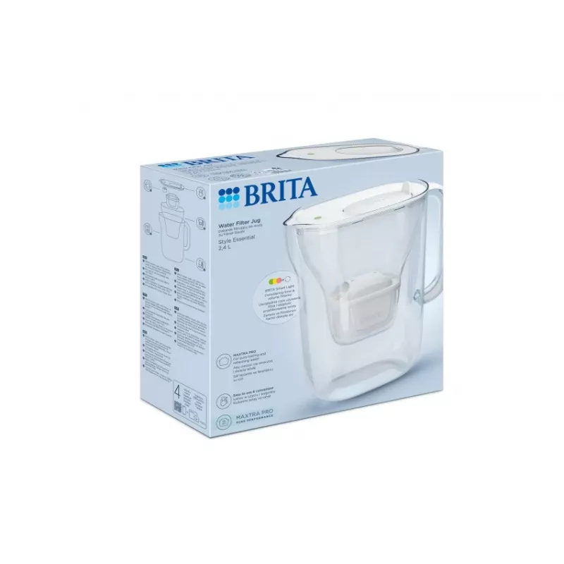 Water filter jug BRITA Style Essential — white, 1.4 L filtered capacity, 2.4 L tank, compatible with MAXTRA+ Pro cartridges