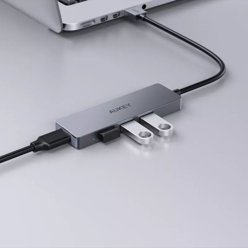 USB hub Aukey CB-H36 — 4-port USB 3.2 Gen 1 Type-A, host USB 2.0, 5000 Mbit/s, aluminium silver
