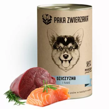 Wet dog food PAKA ZWIERZAKA Game and Salmon 400 g — canned adult dog food, venison & salmon, protein 10.4%, fat 6.9%, moisture 76%