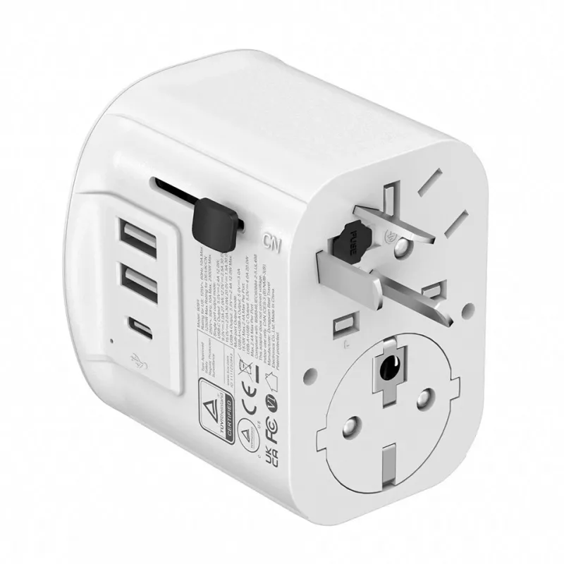 Travel adapter GEMBIRD TPA-EU2A1C15-01-W — 15W, Type E plug, 2× USB-A + 1× USB-C, 100–250V