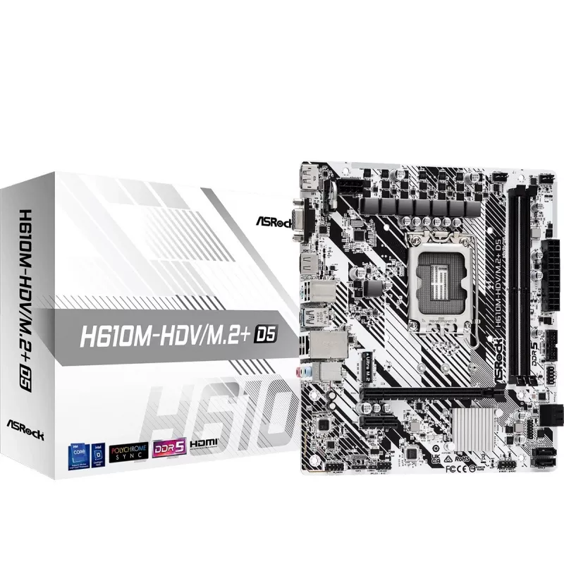 Motherboard ASRock H610M-HDV/M.2+ D5 — Intel H610, LGA 1700, microATX, 2× DDR5 DIMM, M.2, HDMI 2.1, DP 1.4